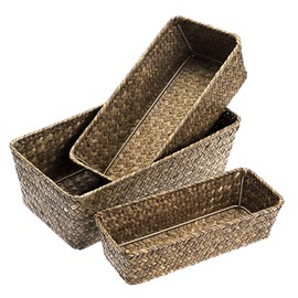 Sumnacon Set of 3 Seagrass Storage Basket Woven Seagrass Desktop Basket Rectangular Organiser Box Shelves & Desks Decorative Basket for Sundries Stationery Toys Cosmetics Books Gift Basket (Coffee)