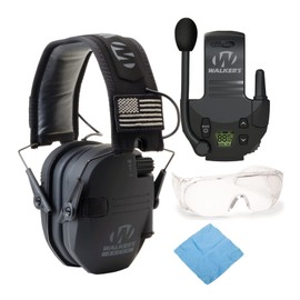 Walker's Razor Slim Electronic Muff (Black Patriot Version) Bundle with Walker's Tactical/Hunting Walkie Talkie, Sport Shooting Glasses and Microfiber Cleaning Cloth (4 Items)