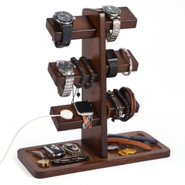 Xnwouco Watch Stand for Men, Watch Display Stand with Charger Groove, Wooden Watch Holder Stand, Jewelry Holder Organizer for Rings, Jewelry, Coins Bracelets, Great Gifts for Men Women, Brown