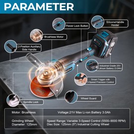 MoJoTools 21V Cordless Brushless Angle Grinder – 4-1/2" Electric Grinder with 2×3.0Ah Batteries, 9000 RPM, Fast Charger, Safety Brake, Dual Handle – for Cutting, Grinding, Polishing