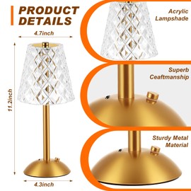 Liliful 2 Pcs Cordless Table Lamp Rechargeable Touch LED Small Gold Portable Battery Operated USB-c Desk Lamp 3 Color Dimmable for Bedroom Living Room Dining (Gold,Diamond Style)