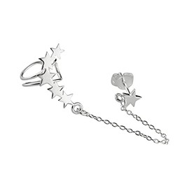 Sterling Silver Stars Ear Climber and Star Stud Earring with Connecting Chain - Right Ear Only