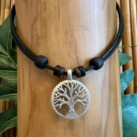 HANA LIMA Leather Necklace Tree of Life Surfer Necklace Leather Chain Men Women, Leather Wood Leather Wood coconut, 0