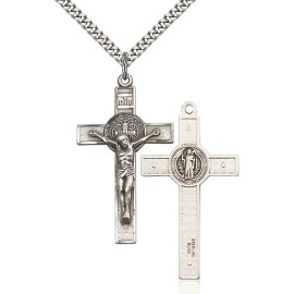 Bliss Sterling Silver Saint Benedict Crucifix Medal Pendant Necklace 18" Chain GiftBox