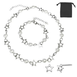 DHWEKU Star Earrings Pearl Necklace Adjustable Aesthetic Necklace Grunge Punk Gothic Link Chain Cool BBF Gift Birthday Party Jewelry Teens