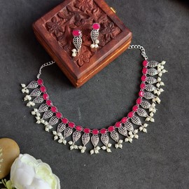 Efulgenz Indian Oxidized Jewelry Indian Jewelry Sets for Women Antique Boho Floral Drop Faux Pearl Pink Crystal Stone Necklace Sets with Drop Dangle Earrings Choker Necklace Earrings Set Bohemian Jewelry Set for Women