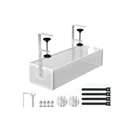 Under Desk Cable Management Tray, No Drill Metal Mesh Cable Organiser with Clamp Mount for Wire Management, 2 Hole Cord Organization Box, Cable Rack for Home, Office and Standing Desk, Easy to Install