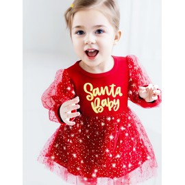 Christmas One-Piece Dress Infant Baby Girl Long Sleeve Skirt with Headband New Year Party Costume Outfit (Santa Baby, 2-3 Years)
