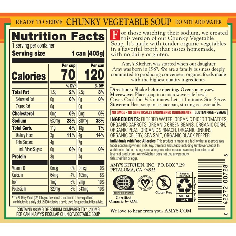 Amy's Soup, Vegan, Gluten Free, Organic Chunky Vegetable, Reduced Sodium,