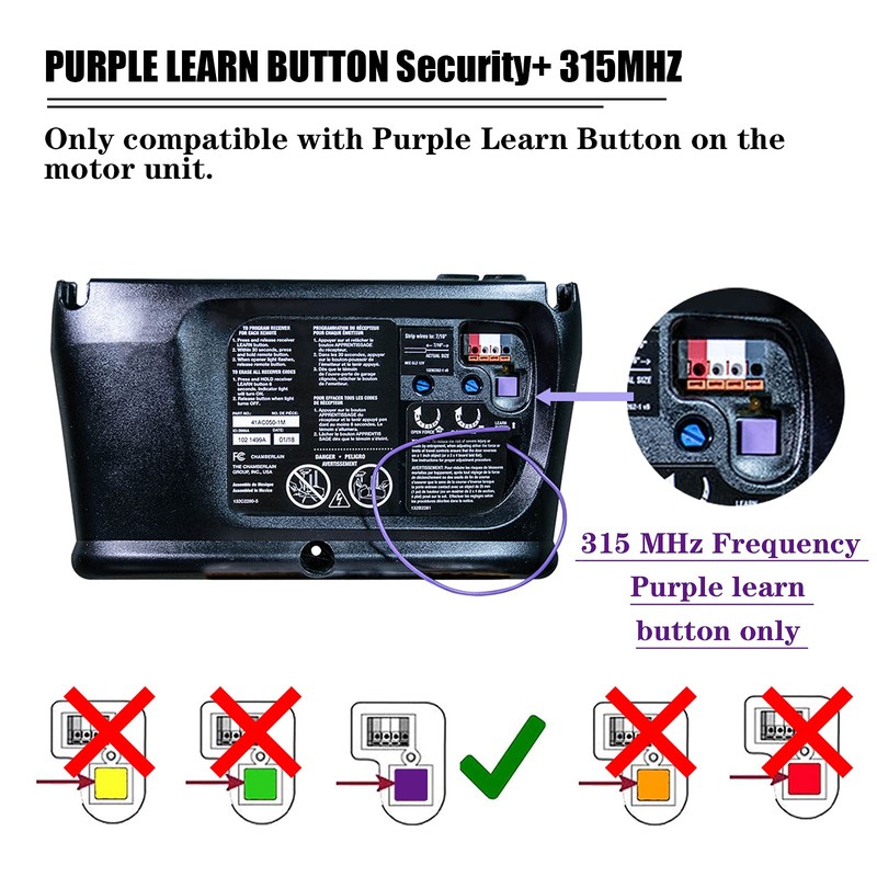 315MHz Purple Learn Button Garage Door Remote Control Keychain Compatible