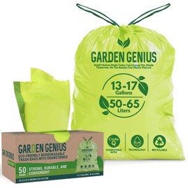 Biodegradable 13-17 Gallon Code-Q Trash Bags (50 Pack) | Strong Heavy-Duty Tall Green Kitchen Bags w/Drawstring | Fits Simplehuman & Standard Cans | Eco-Friendly D2W, 30 Micron Thick | 25.6" x 33.5"