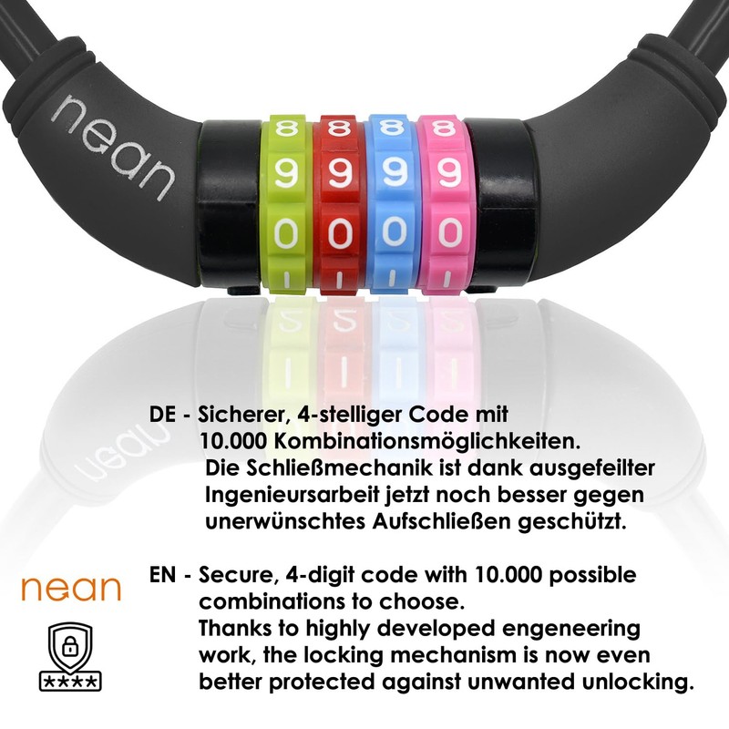 Nean children's-bicycle-cable-lock, number code combination lock in colourful design, 10