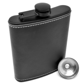 Leather Hip Flask for Liquor 8 Ounce Stainless Steel Black Hinge Leak-proof with Funnel for Men and Women