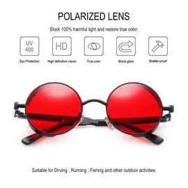 GY Polarized Steampunk Sunglasses, Round Gothic Shades for Women Mens, Punk Style Metal Frame, UV400 Protection (Red)