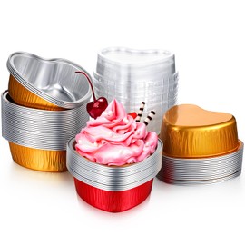 Honeydak 50 Sets Valentine Heart Shaped Cake Pans with Lids Aluminum Foil Cupcake Pans 3.4 oz Mini Disposable Cake Baking Cupcake Cups for Valentine Wedding Birthday(Classic Style,Red, Gold)