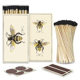 4" Black Matches + 2 Boxes of HomArt Bumble Bee Design Matchboxes + Extra Striker Stickers Included | 100 Bold Black Tip Safety Matches with Decorative Matchboxes | Gifts & Decor - Thankful Greetings