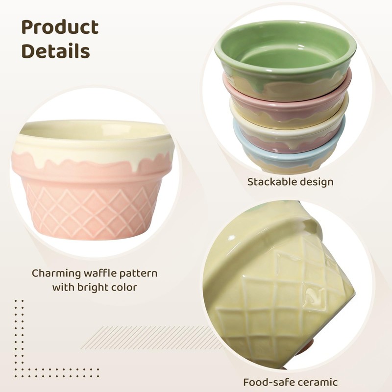 Toyosport 4 Pcs Ice Cream Design Bowls, Waffle Textured Ceramic