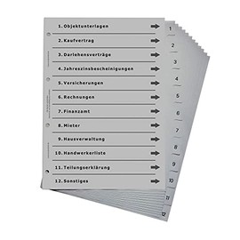 Folder Register for Real Estate, Sophisticated Register for DIN A4 Folders, Apartment Folder, Real Estate Folder for Landlords, Investors and Investors, Light Grey