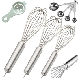 Stainless Steel Whisk, Whisk Set with Measuring Spoon and 8"+10"+12" Wire Whisk for Cooking Blending, Beating, Stirring, Baking (5 Pack Silver)