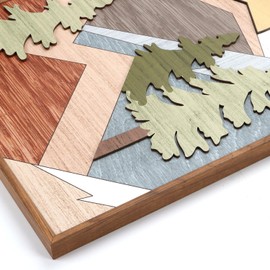 TOARTi Framed Wood Panel Mountain Forest Landscape Wall Decor (16"x24"), Vintage Nature Wilderness Woodland Wall Art, Mid Century Modern Sunrise Wooden Cut Decor for Farmhouse Bedroom Living Room