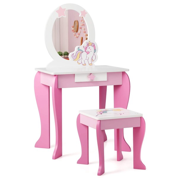 Costzon Kids Vanity Set with Mirror, 2 in 1 Wooden