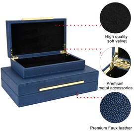 ZIKOUL Navy Blue Shagreen box Set of 2 Faux Leather Decorative Boxes,Large Nesting Storage Decorative Boxes with Lids for Modern Home Decor Stacking Jewelry Box Organizer