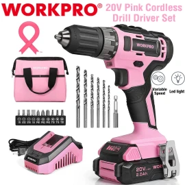 WORKPRO 20V Cordless Drill Driver Set 3/8" Keyless Chuck w/Battery Charger & Bag