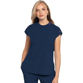 Med Couture Scrub Top Women Round Neck Tuckable with 2 Zipper Pockets with Rounded Hem MC703, M, Navy