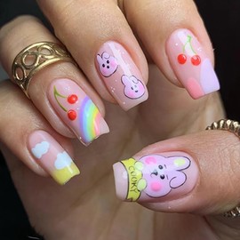 Easter Press On Nails Short Fake Nails Square False Nails Acrylic Nails Press Ons With Cute Rabbit Designs Full Cover Stick On Nails Reuseable Glue On Nails For Women 24Pcs