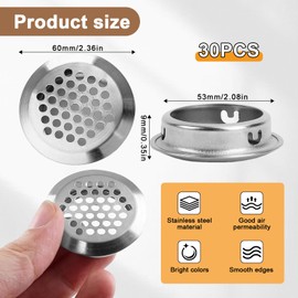 ChAusa 30 Pcs Air Vent Hole 53 mm/2.1 inch Stainless Steel Ventilation Grille Circular Bevel Soffit Vent Silver Louver Cover Vent for Kitchen,Bathroom,Cabinet,Wardrobe,Shoe Cabinet,Office