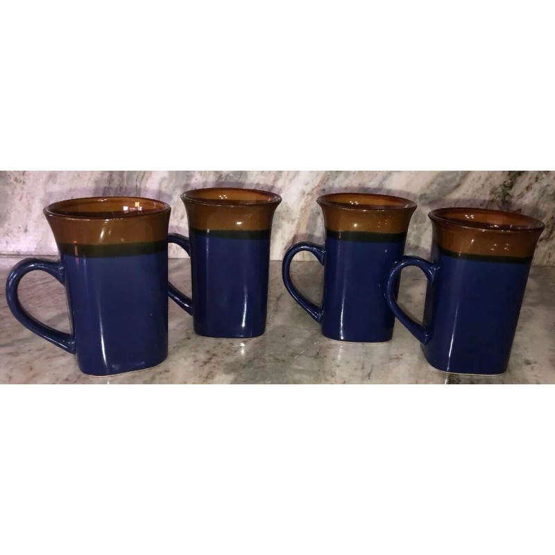 Royal Norfolk Blue/Brown Stoneware Coffee Mugs Dinnerware Cups-Set Of 4-SHIP24H