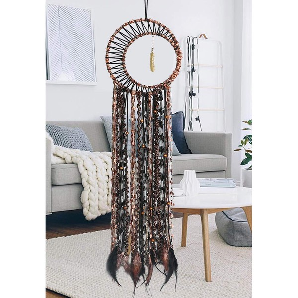 LOMOHOO Dream Catcher Gold Feather Pendant Handmade Traditional Dream Catchers Wall Hanging for Kids Bedroom Dorm Room Home Boho Decoration Bohemian Ornament Craft