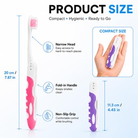 2Pcs Folding Travel Toothbrushes, Portable Mini Soft-Bristle (Pink&Purple)