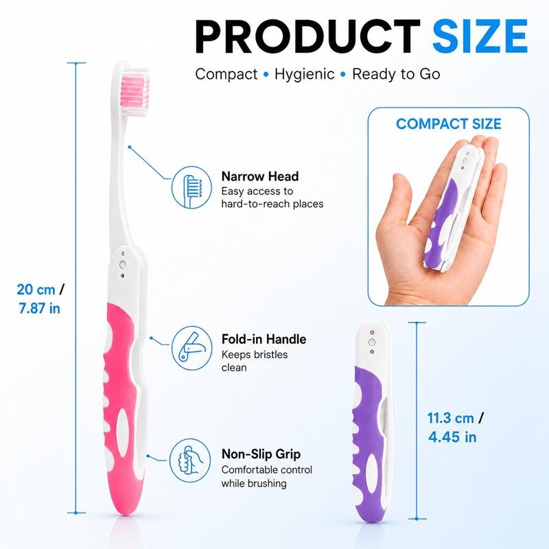 2Pcs Folding Travel Toothbrushes, Portable Mini Soft-Bristle (Pink&Purple)
