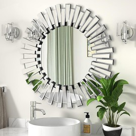 BST FURNH Large Round Mirror Wall Decor 32 Inches Big Decorative Wall Mirror with Irregular Framed and Beveled Edge Mirrors for Wall Silver Large Wall Mirror Frameless Mirrors