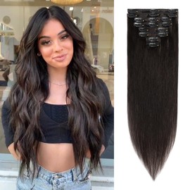 S-noilite Clip-In Real Hair Extensions, Natural Black, Remy Human Hair, 70 g, 45 cm, Thin Wefts, 8 Wefts, #1B
