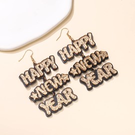 New Years Earrings for Women Acrylic Happy New Years Hook Earrings Glitter Resin Acrylic Statement Letters Drop Dangle Earrings New Years Jewelry Surprise Gift Gold