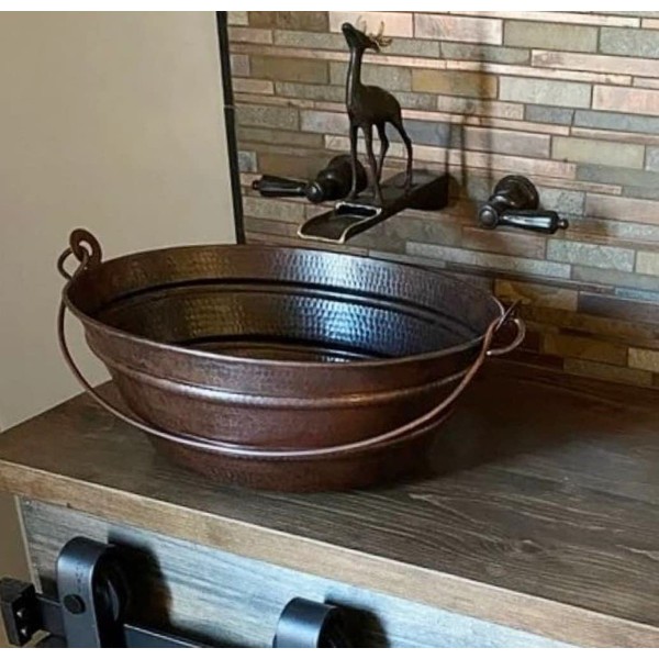 SimplyCopper 16" x 12" Oval Copper BUCKET Vessel Bathroom Sink with Handle