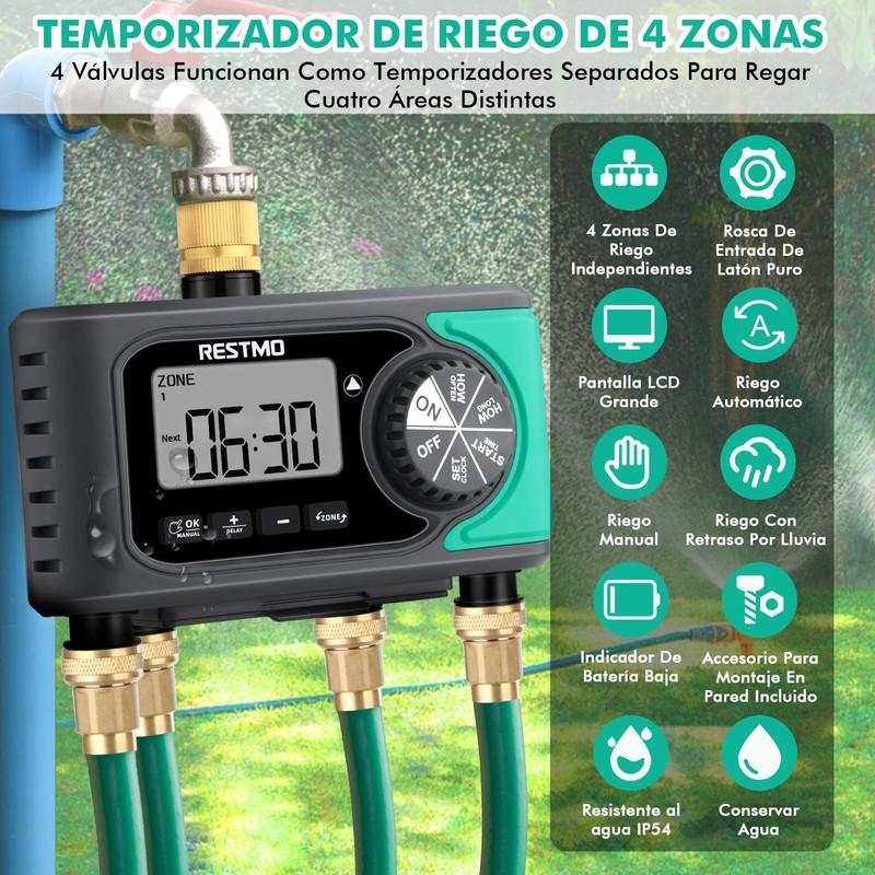 RESTMO 4-Zone Sprinkler Timer, Brass Inlet Programmable Water Timer for