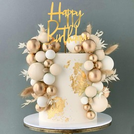 Khaki Balls Cake Topper Boho Grass Cake topper Khaki White Gold Pearl Balls Happy Birthday Cake Decorations for Wedding Baby Shower Birthday Boho Themed Party Supplies (Khaki)