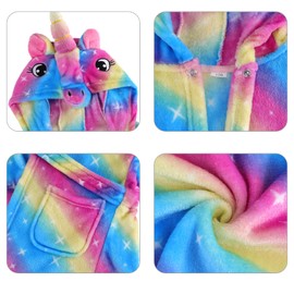 KAKU NANU Bathrobe Children's Girls Unicorn 4-11 Years Fluffy Warm Plush Bathrobe Cuddly Dressing Gown Children Gifts for Girls, Rainbow Horse - Blue