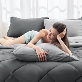 HEVUMYI Cali-King Comforter Set - 7-Piece All Season Bed in a Bag Cali-King, Ultra Soft Bedding Set with Comforter, Flat Sheet, Fitted Sheet, Pillowcases, Pillow Shams, Dark Grey & Light Grey