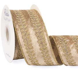 Ribbli Champagne Luxe Velvet Wired Ribbon with Embroidery Design 2.5 Inch Christmas Ribbon for Gift Wrapping Christmas Tree Decoration Crafts Wreaths Supplies-Continuous 5 Yards