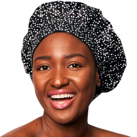 TIARA Luxury Shower Cap for Women Reusable Waterproof, Hair Cap for Long & Short Hair, All Size Flexi Adjustable Terry Lined Cloth Plastic Leakproof Soft, Breathable, Durable & Comfy (Dots Black)