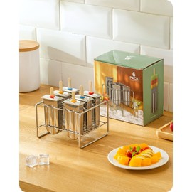 Baffect Metal Popsicle Moulds, Set of 6 Round Head Stainless Steel Ice Lolly Molds with Holder, Fast Freezing Ice Cream Makers with Lollipop Sticks and Bags