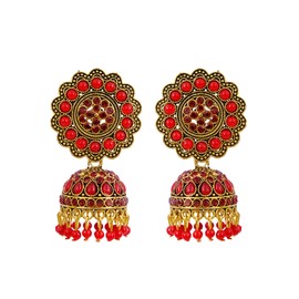 Crunchy Fashion Bollywood Jewelry Traditional Indian Bridal Bride Wedding Bridesmaid Gold Plated Pearls & Meenakari JhumkaJhumki Earrings Set For Women