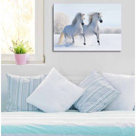 Canvas Prints Wall Art - Two Galloping White Welsh Ponies/Horses on Snow Field | Modern Wall Decor/Home Art Stretched Gallery Canvas Wraps Giclee Print & Ready to Hang - 32" x 48"