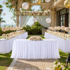 4 Pack White Tulle Tablecloth Table Skirt for 6 Foot Rectangle Tables, Wedding Table Cloths Ruffle Tutu Table Skirt Stretch Fitted Table Covers for Parties Birthdays Baby Shower Celebration Banquet