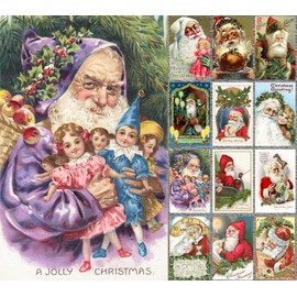 PIXILUV CHRISTMAS SANTA (Pack of 12) Notecards Small Greeting Cards # Vintage Santa Claus with Toys and Christmas Wishes ~ Vintage Christmas Postcards Reprint