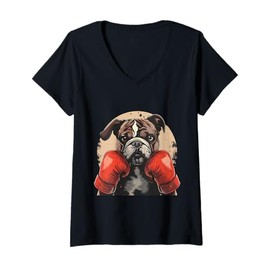 Womens Boxer Dog With Boxing Gloves Kickboxing Funny Boxing Bulldog V-Neck T-Shirt